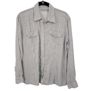 Chicos Linen Top Womens Medium Blue White Stripe Button Front Coastal Nautical